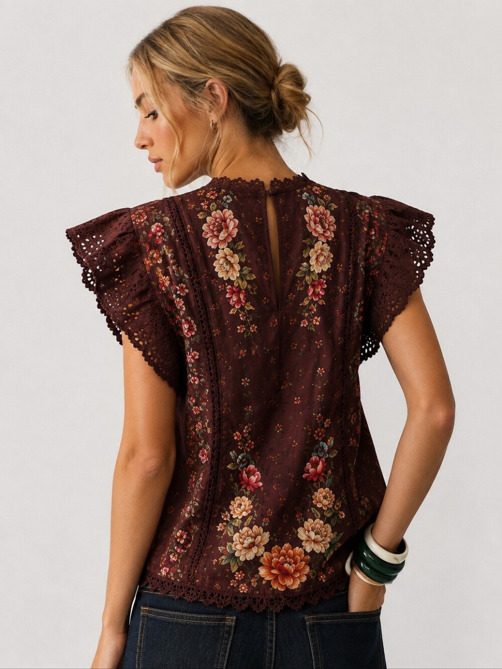 NWT Farm Rio x Anthropologie Flutter Sleeve High Neck Floral Blouse Small - Picture 2 of 10